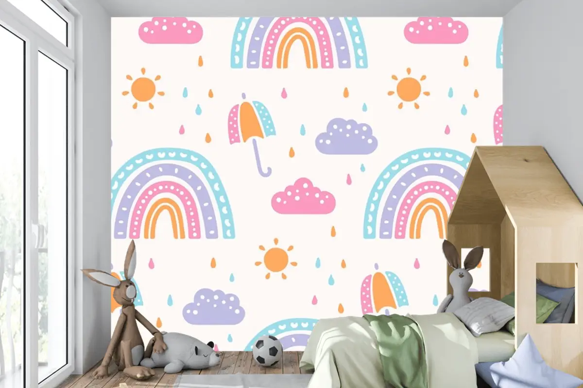 Elle Çizilmiş Gökkuşağı Desen Tasarımı Çocuklar Çocuk Odası Duvar Kağıdı