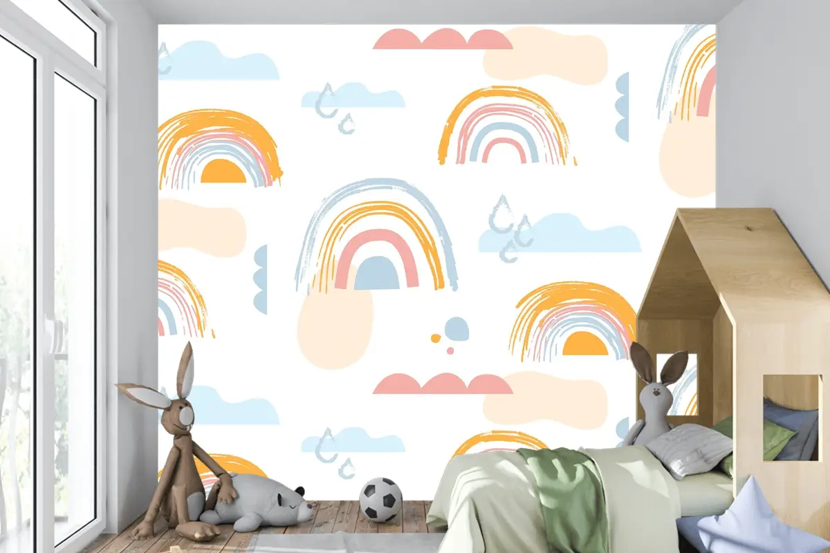 Elle Çizilmiş Gökkuşağı Desen Tasarımı Çocuk Odası Duvar Kağıdı