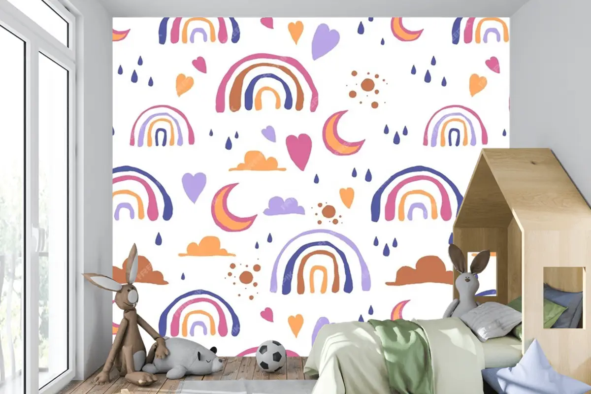 Elle Çizilmiş Gökkuşağı Desen Tasarımı Çocuk Odası Duvar Kağıdı
