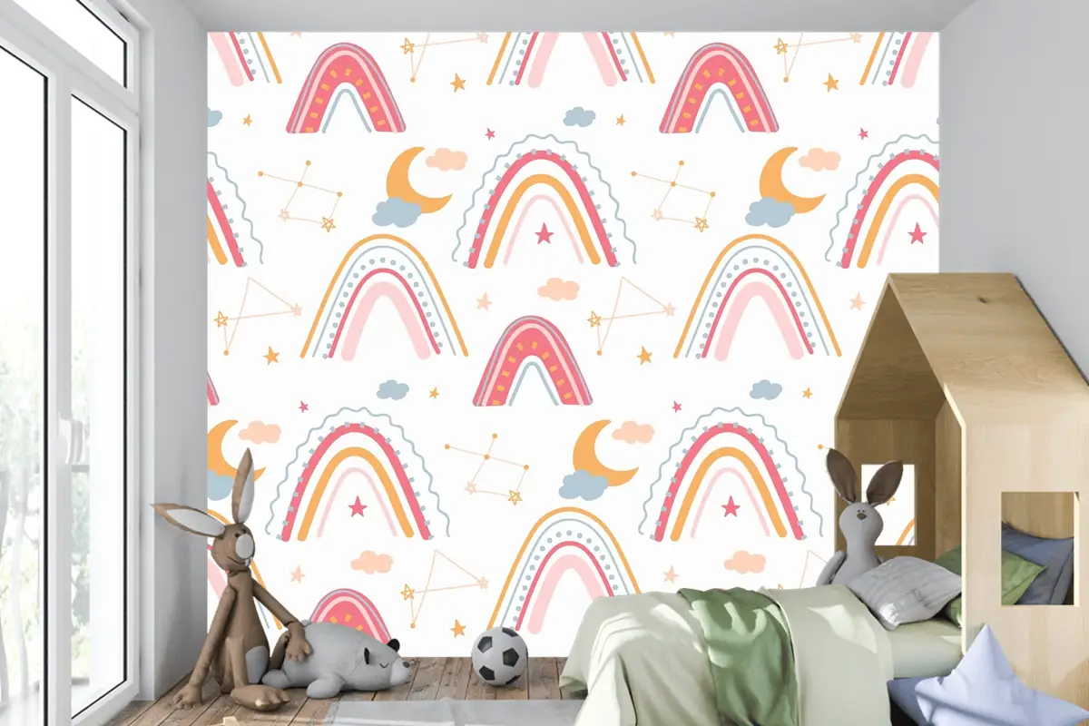 Elle Çizilmiş Gökkuşağı Desenli Çocuk Odası Duvar Kağıdı 