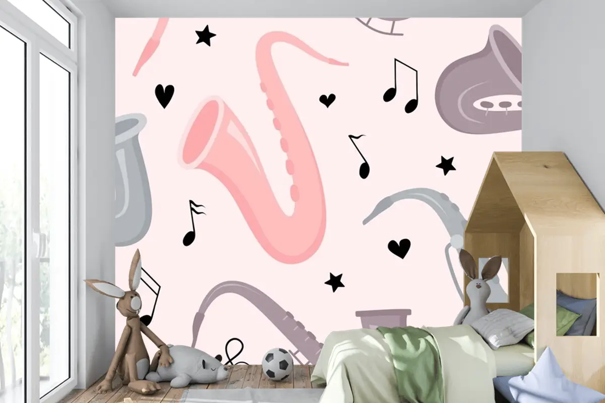 Elle Çizilmiş Saksafon Dikişsiz Desen Çocuk Odası Duvar Kağıdı