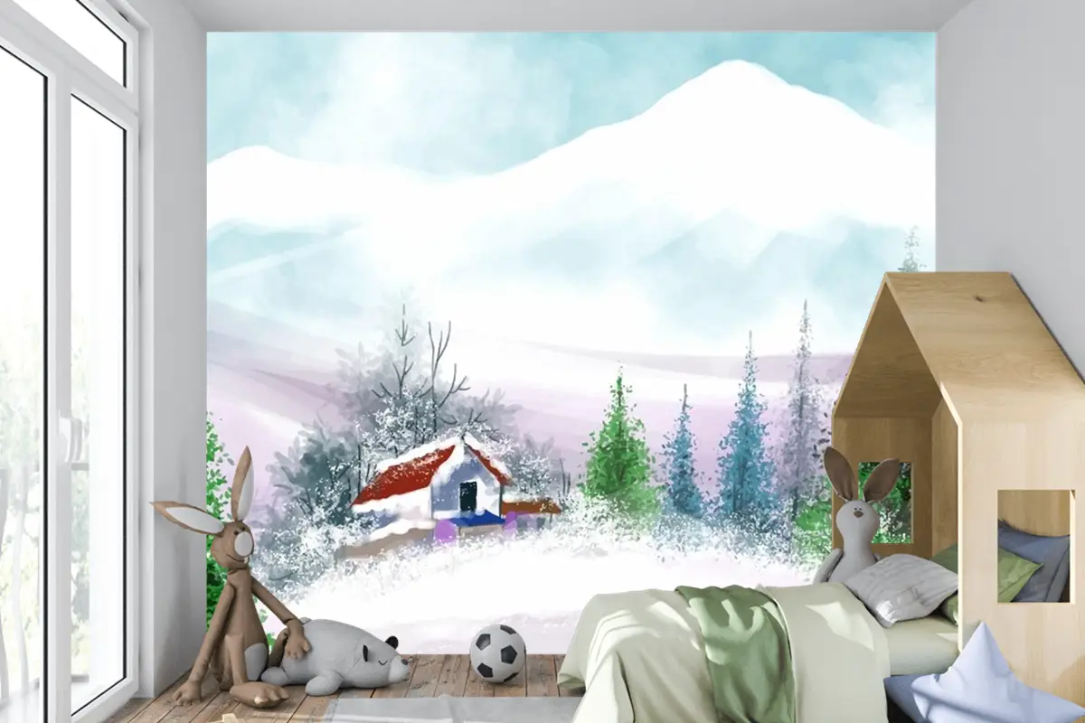 Noel Ve Yeni Yılınız Kutlu Olsun Çocuk Odası Duvar Kağıdı  İçin El Boyalı Suluboya Çizimi