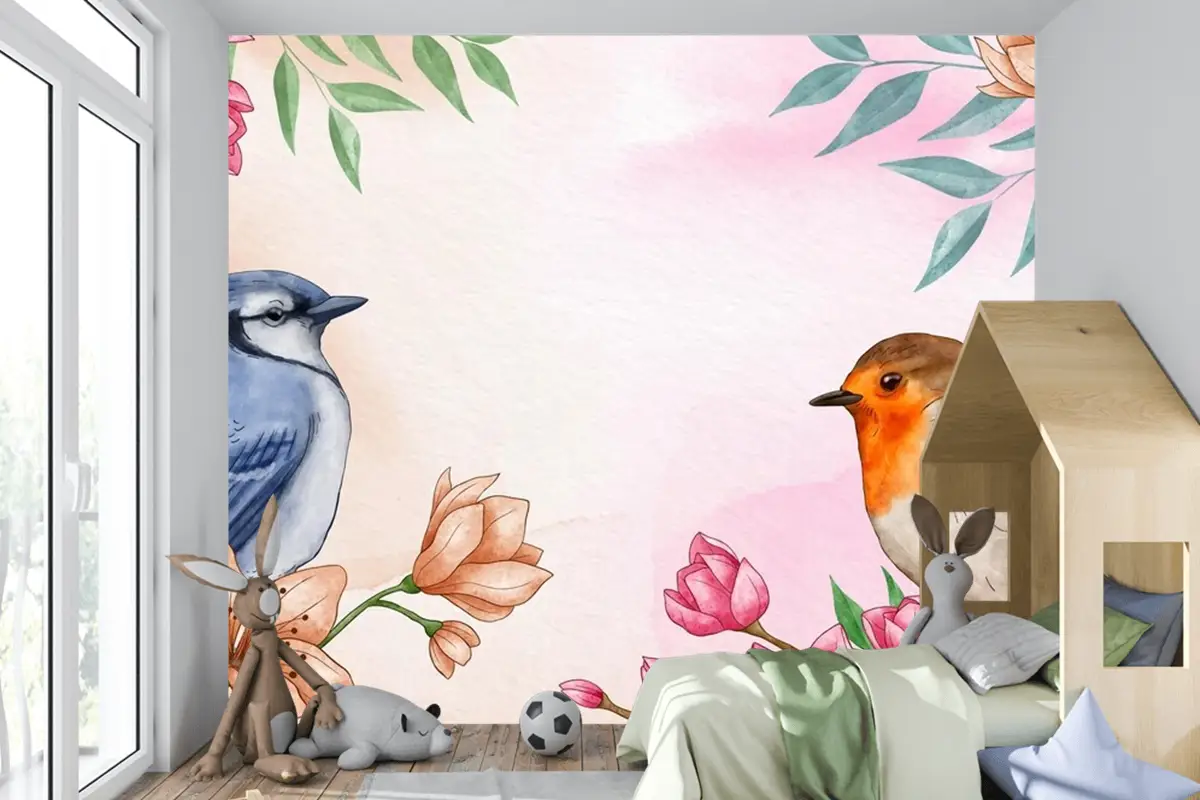 El Boyalı Suluboya Çiçek Kuşlar Arka Plan Çocuk Odası Duvar Kağıdı 