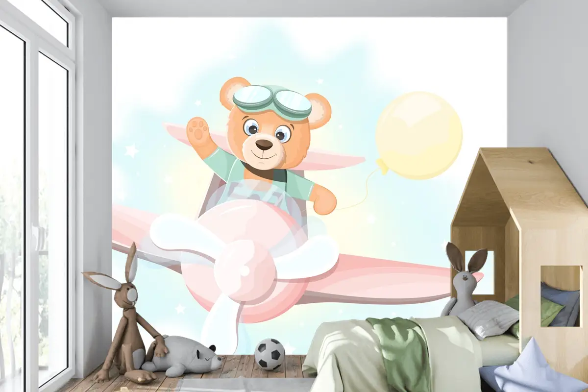 Uçakta Uçan Mutlu Ayıcık Çocuk Odası Duvar Kağıdı