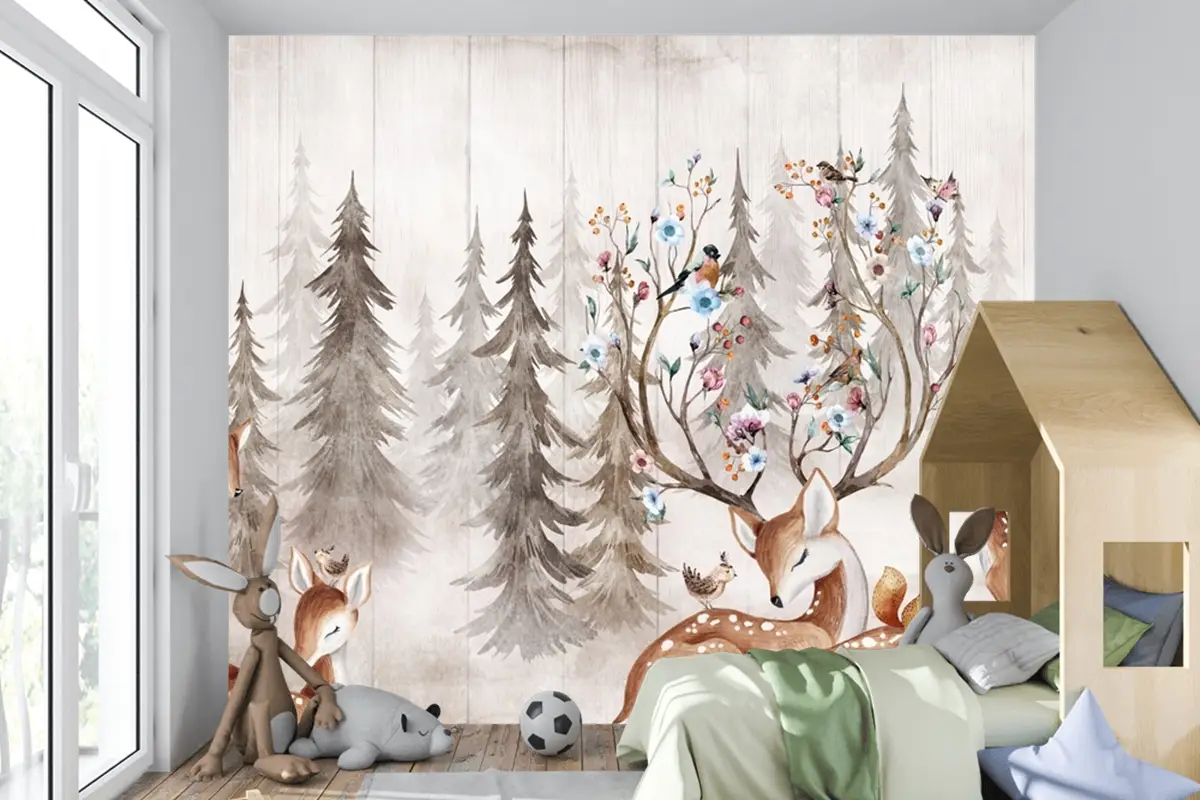 Hayvanlarla Suluboya Orman Geyik Çocuk Odası Duvar Kağıdı