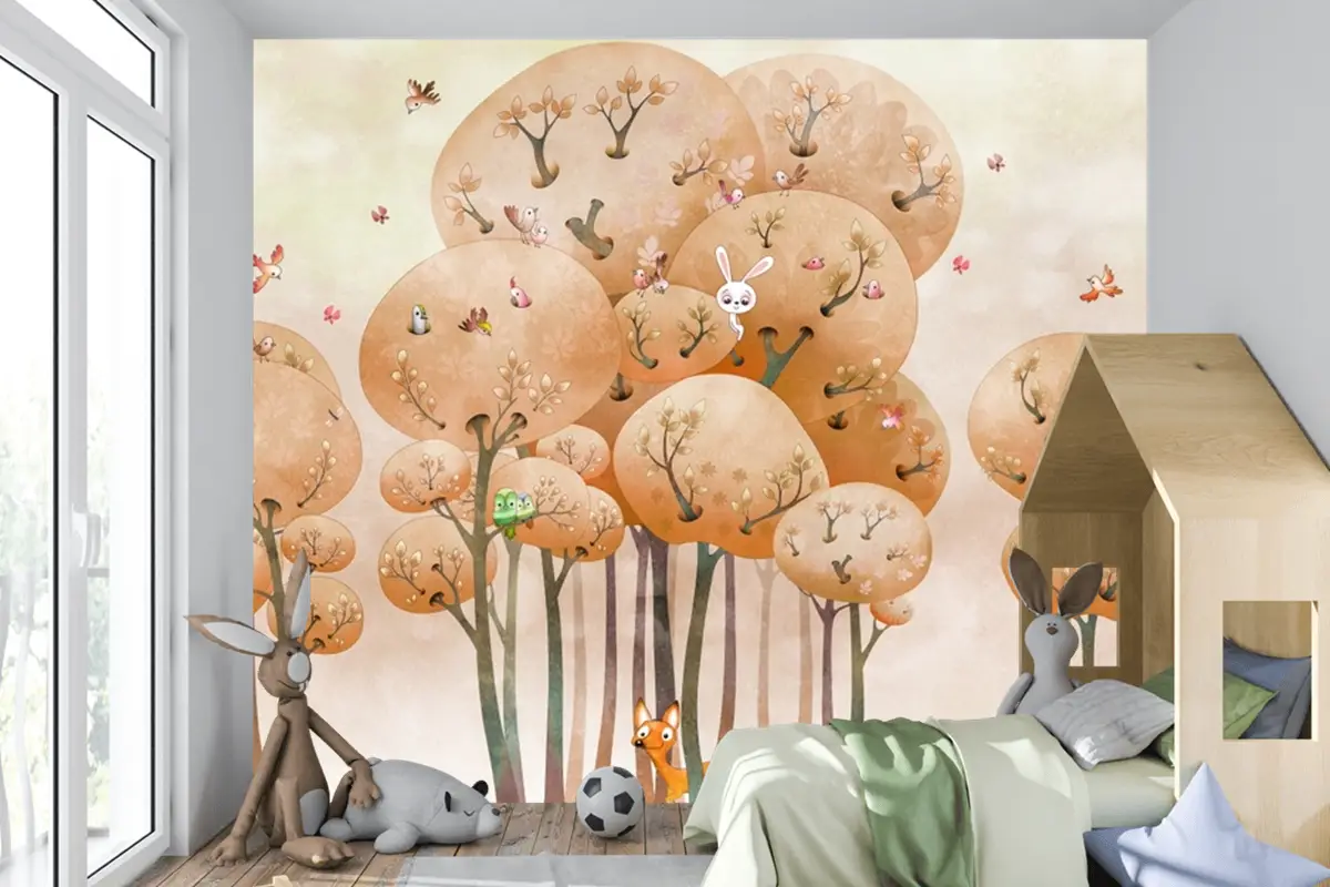 Hayvanlı Suluboya Orman Sonbahar Tilki Çocuk Odası Duvar Kağıdı