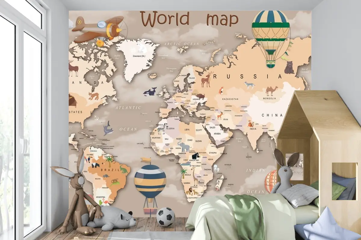 Hayvanlı Ve Sıcak Hava Balonlu Dünya Haritası Çocuk Odası Duvar Kağıdı