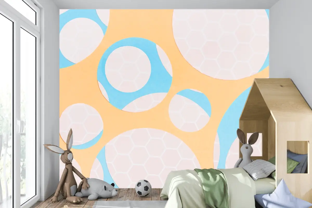 Sarı Çocuk Odası Duvar Kağıdı Duvar Üzerinde Daire Şeklinde Petek Deseni