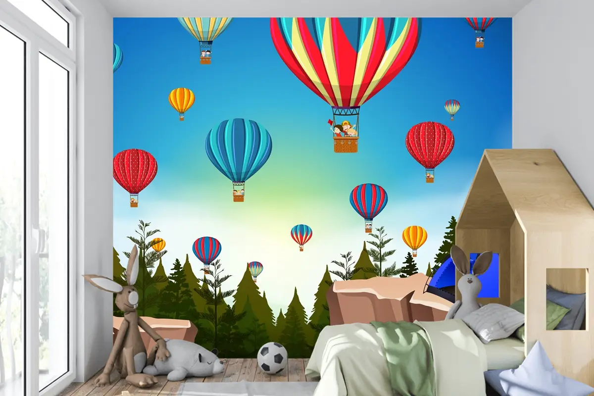 Doğada Sıcak Hava Balonu Manzara Çocuk Odası Duvar Kağıdı