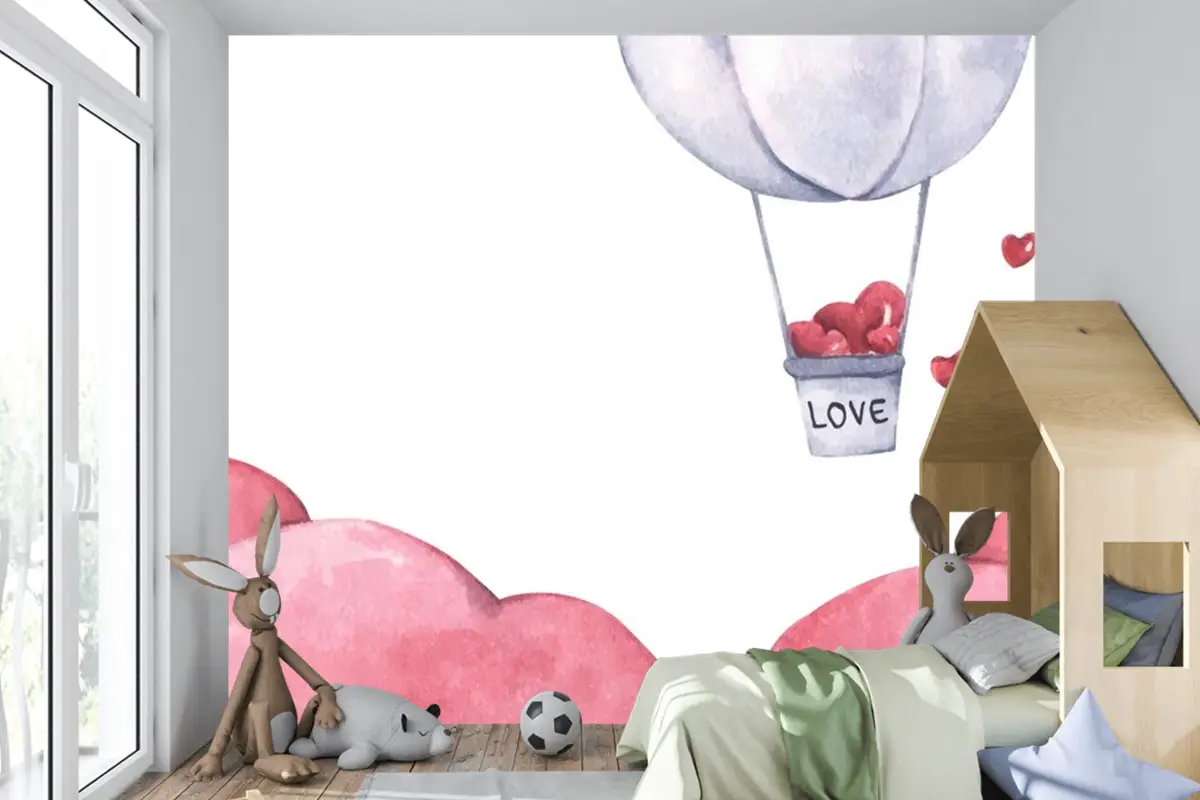 Sıcak Hava Balonu Gökyüzünde Yüzen Kalpli Çocuk Odası Duvar Kağıdı