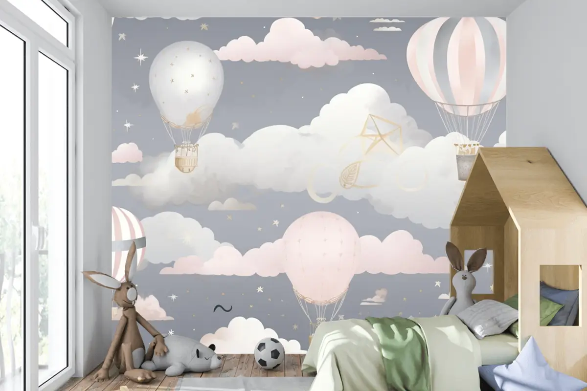 Bulutlarla Gökyüzünde Uçan Sıcak Hava Balonları Çocuk Odası Duvar Kağıdı