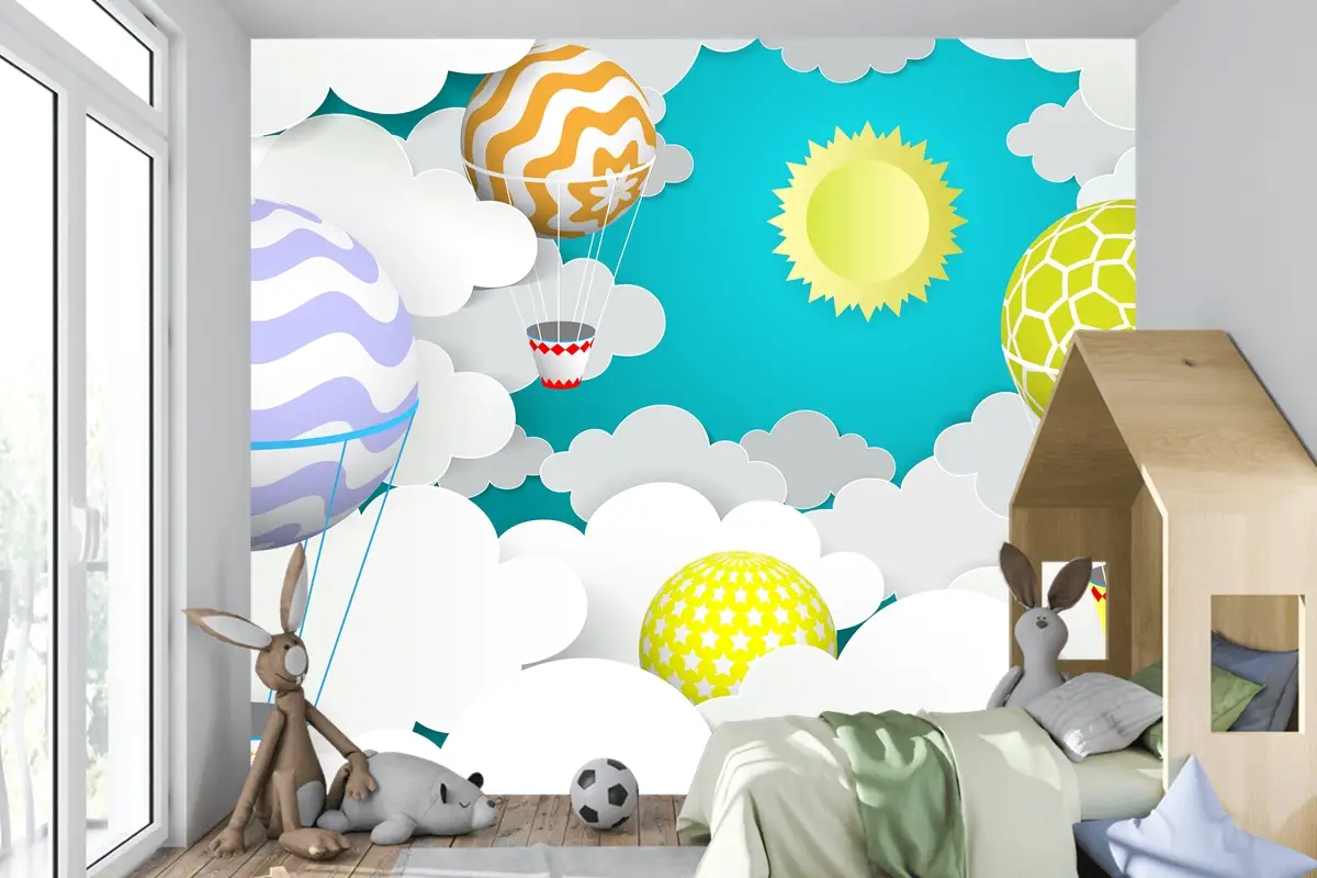 Gökyüzünde Sıcak Hava Balonları Kağıt Sanat Tarzı Çocuk Odası Duvar Kağıdı