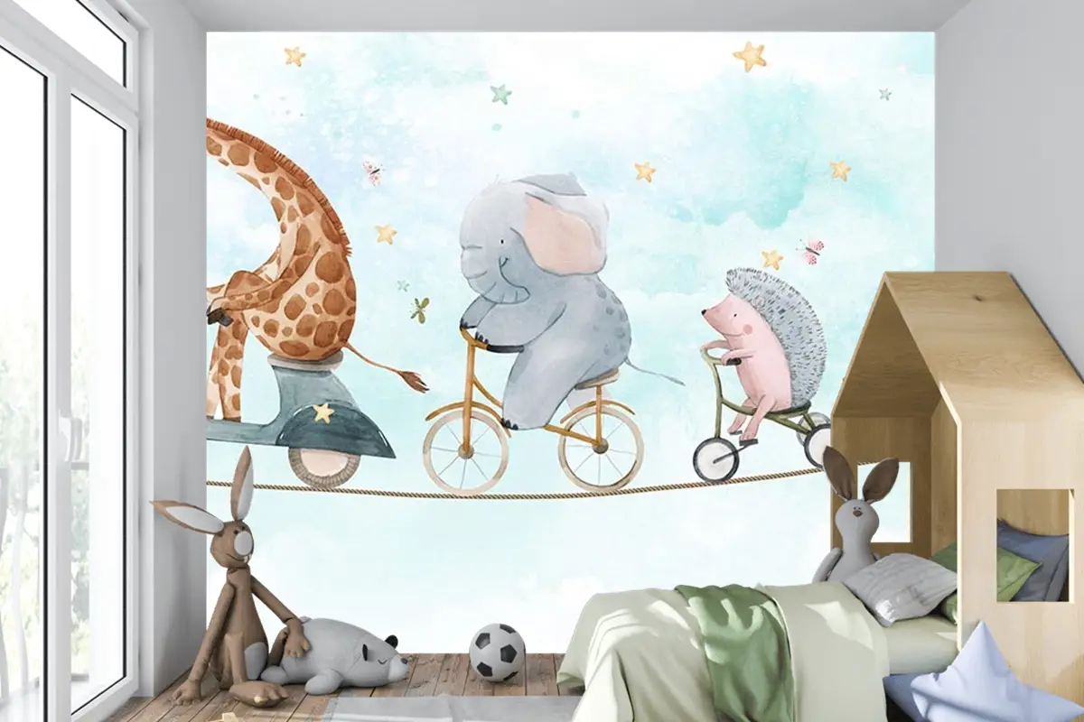 İp Üzerinde Bisiklet Süren Sevimli Hayvanlar Çocuk Odası Duvar Kağıdı