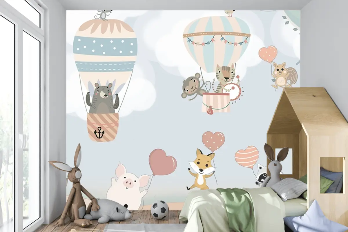 İskandinav Hayvanları Sıcak Hava Balonları Çocuk Odası Duvar Kağıdı