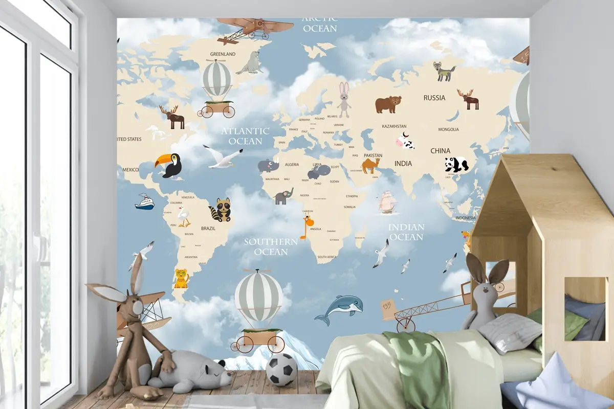 Keşif ve Oyun Temalı Harita Desenli Çocuk Odası Duvar Kağıdı