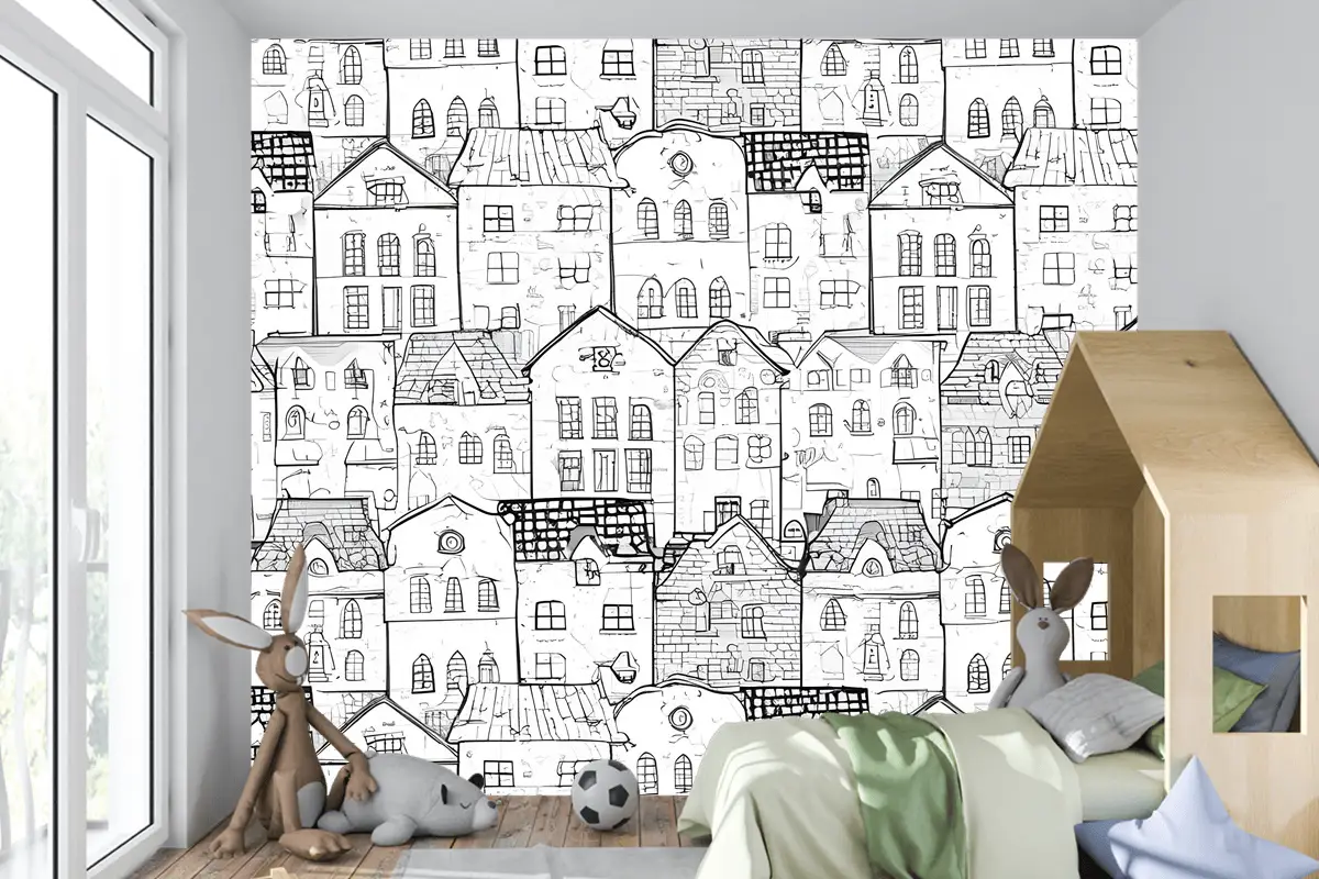 Çocuklar Siyah Beyaz Eskiz Ev Çocuk Odası Duvar Kağıdı 