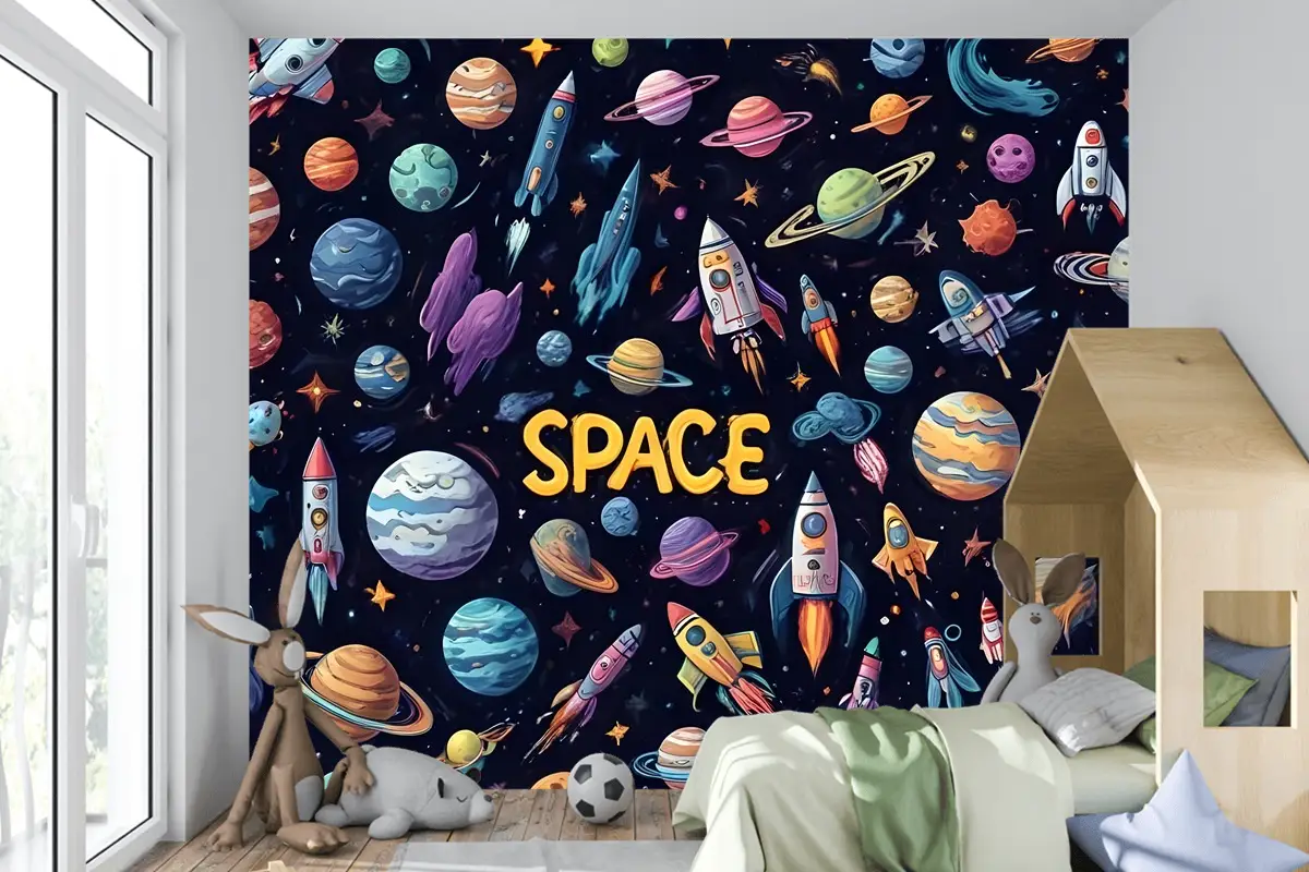Astronot Ve Renkli Gezegenlerle Çocuk Karikatür Uzay Çocuk Odası Duvar Kağıdı