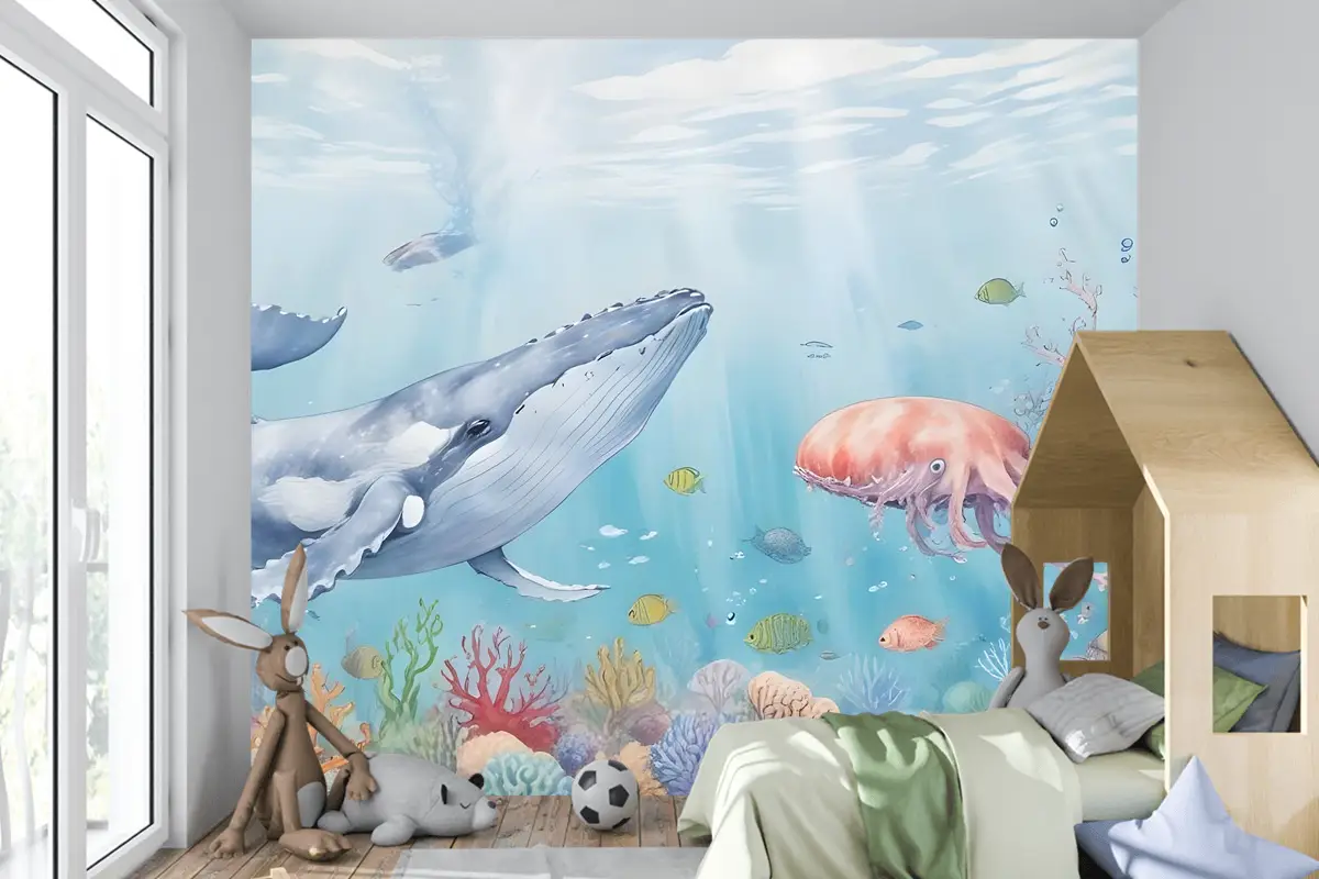 Çocuklar Sevimli Balina Denizaltı Çocuk Odası Duvar Kağıdı Duvar Resimleri