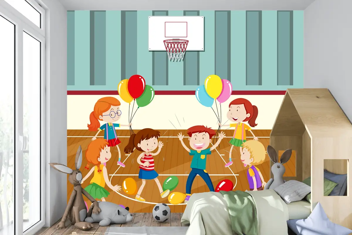 Balonlarla Fiziksel Aktivite Yapan Çocuklar Çocuk Odası Duvar Kağıdı