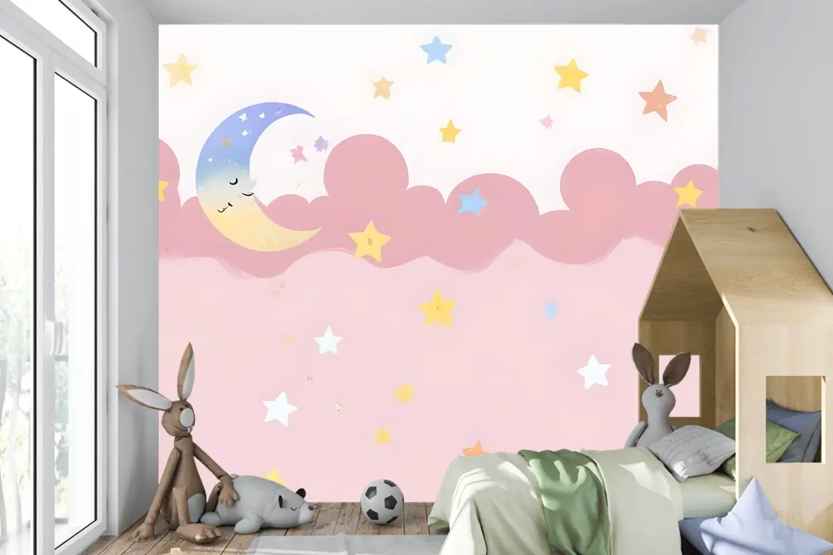 Çocuk Kız Pembe Gece Uyuyan Ay Çocuk Odası Duvar Kağıdı