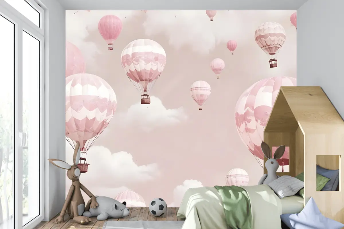 Çocuk Kız Sıcak Hava Balonu Çocuk Odası Duvar Kağıdı Duvar Pembe Gökyüzü