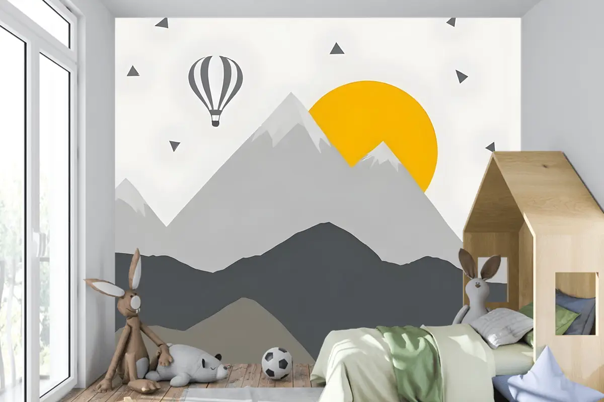 Çocuklar Gri Geometrik Dağ Manzarası Ve Sıcak Hava Balonu Çocuk Odası Duvar Kağıdı