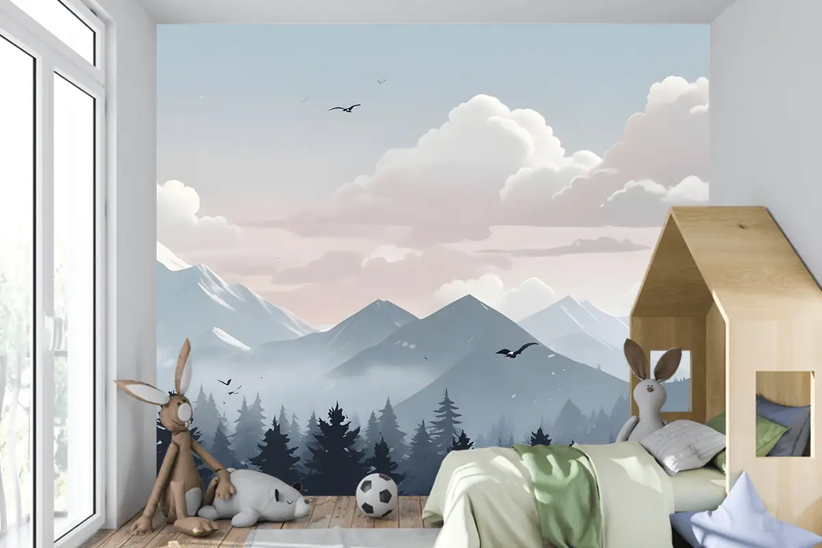 Çocuklar Karla Dağ Manzarası Çocuk Odası Duvar Kağıdı