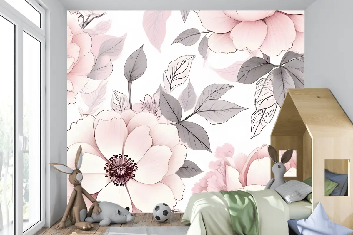 Çocuk Kreş Çiçek Pembe Gül Desenli Çocuk Odası Duvar Kağıdı