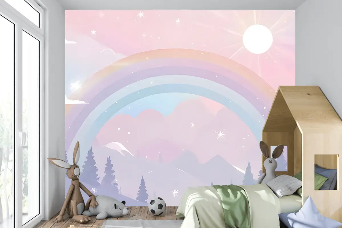 Renkli Dağlar Ve Parlak Yıldızlarla Çocuk Kreş Gökkuşağı Çocuk Odası Duvar Kağıdı