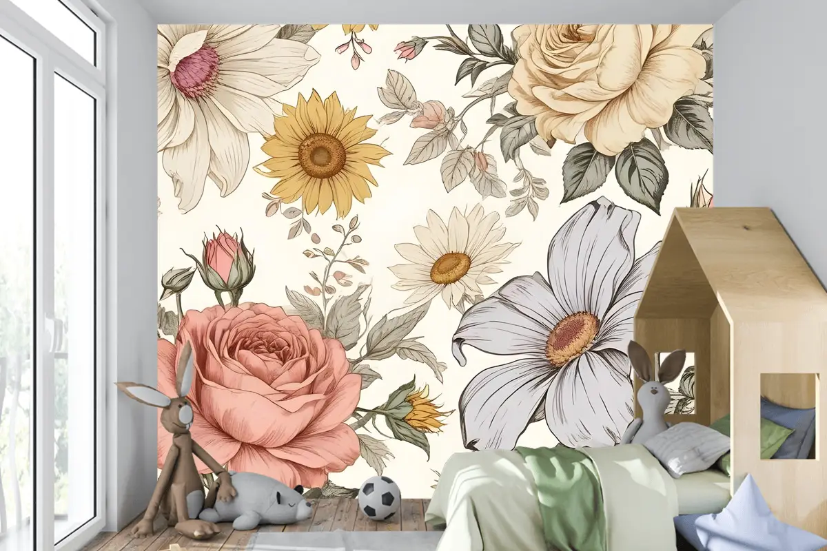 Çocuklar Şakayık Ve Papatya Çiçek Çocuk Odası Duvar Kağıdı