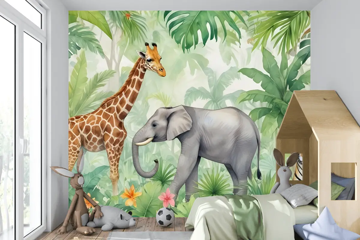 Çocuklar Safari Suluboya Tropikal Orman Orman Hayvanları Çocuk Odası Duvar Kağıdı