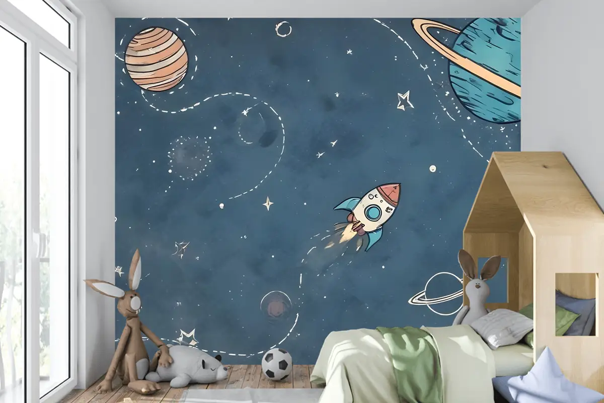Beyaz Şerit Çocuk Odası Duvar Kağıdı  Ile Parlayan Karikatür Uzay Çocuklar