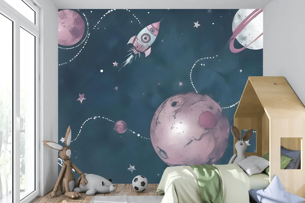 Suluboya Ayı Astronot Çocuk Odası Duvar Kağıdı Ile Uzay Parlayan Çocuklar