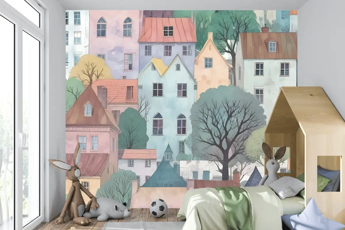 Çocuklar Küçük Kasaba Sevimli Suluboya Ev Çocuk Odası Duvar Kağıdı