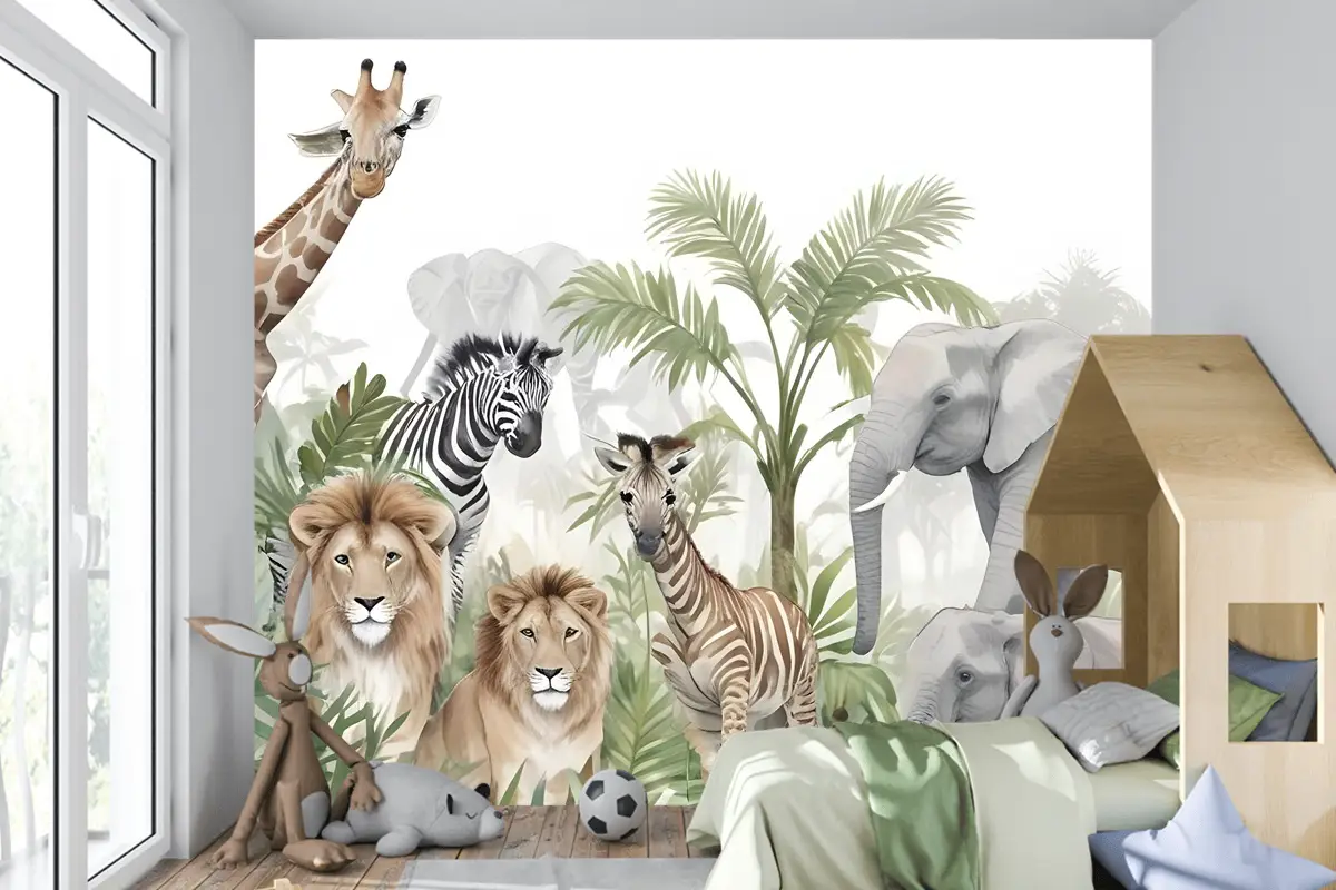 Yapraklı Tropikal Hayvanlar Çocuk Odası Duvar Kağıdı
