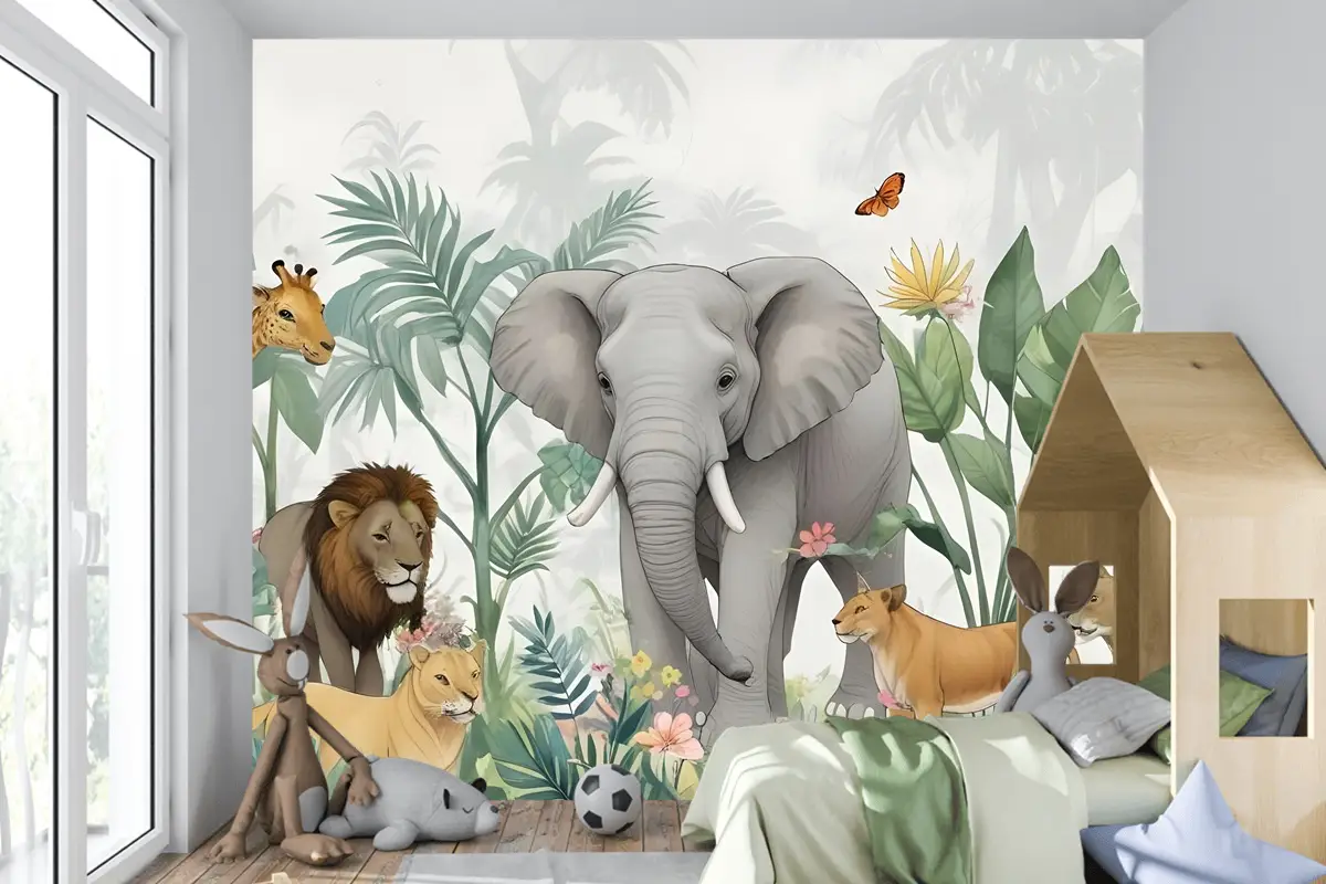 Yeşil Yapraklı Çocuklar Tropikal Safari Hayvanları Çocuk Odası Duvar Kağıdı
