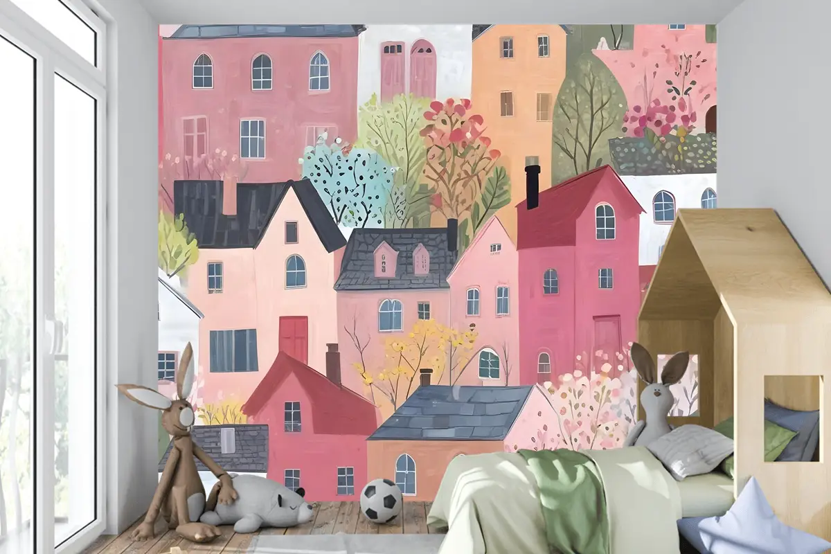 Çocuklar Suluboya Sevimli Kasaba Evi Çocuk Odası Duvar Kağıdı 
