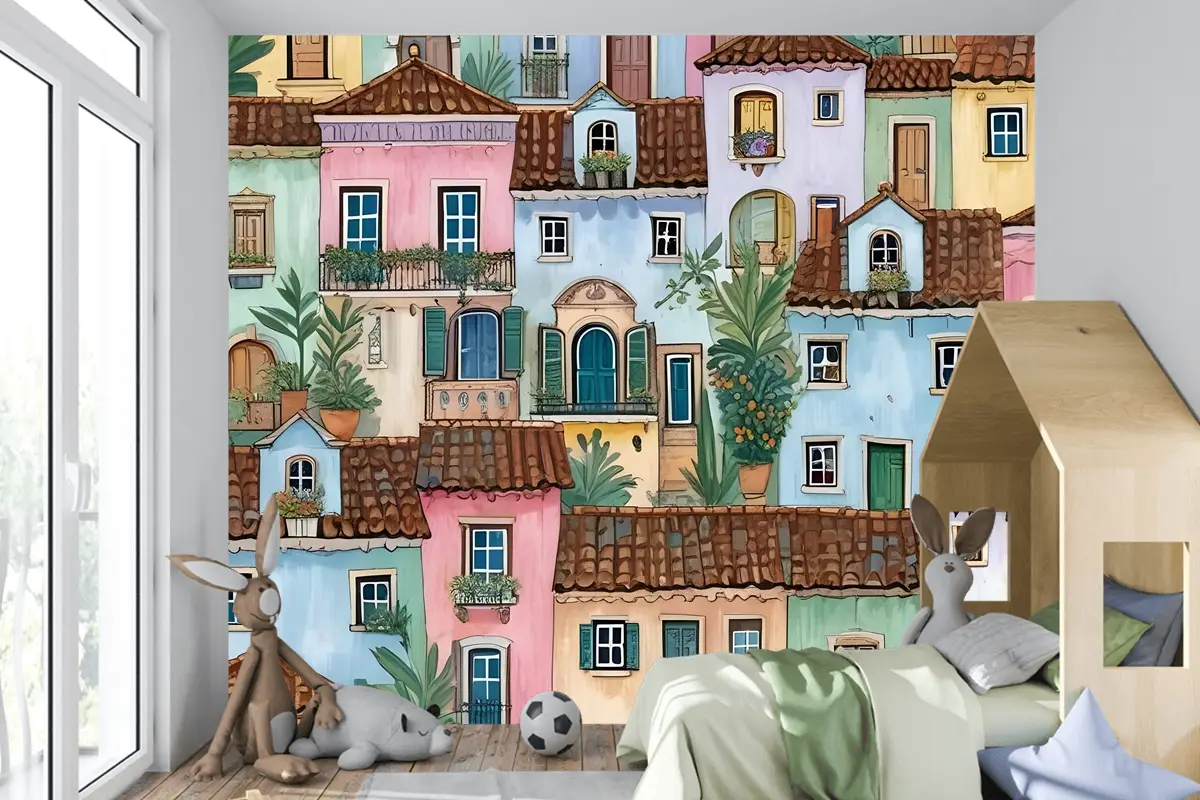 Çocuklar Suluboya Ortaçağ Evi Bitkilerle Çocuk Odası Duvar Kağıdı