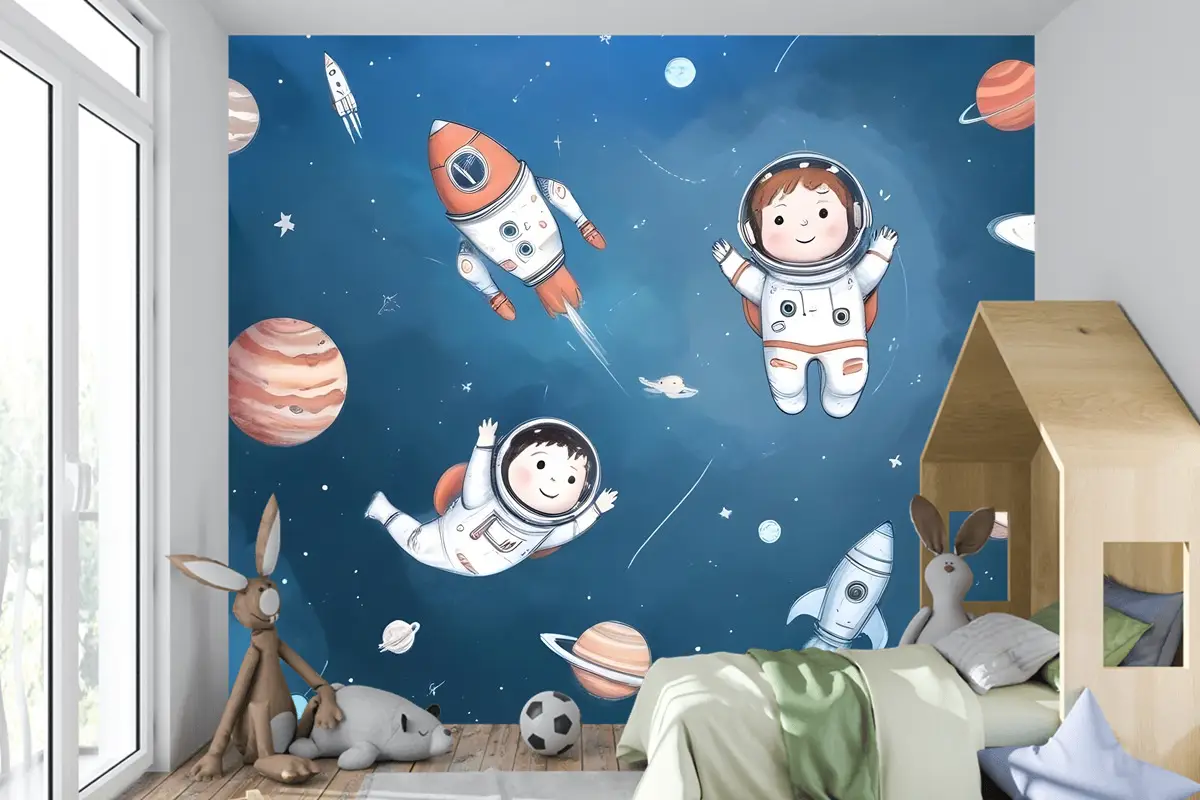 Gezegenler Çocuk Odası Duvar Kağıdı Ile Çocuklar Suluboya Uzay