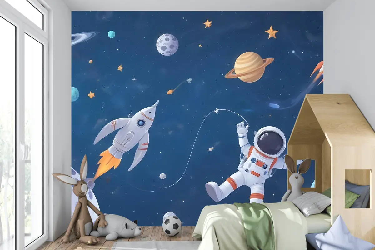 Uzay Gemisi Ve Astronotlu Çocuklar Suluboya Alanı Çocuk Odası Duvar Kağıdı