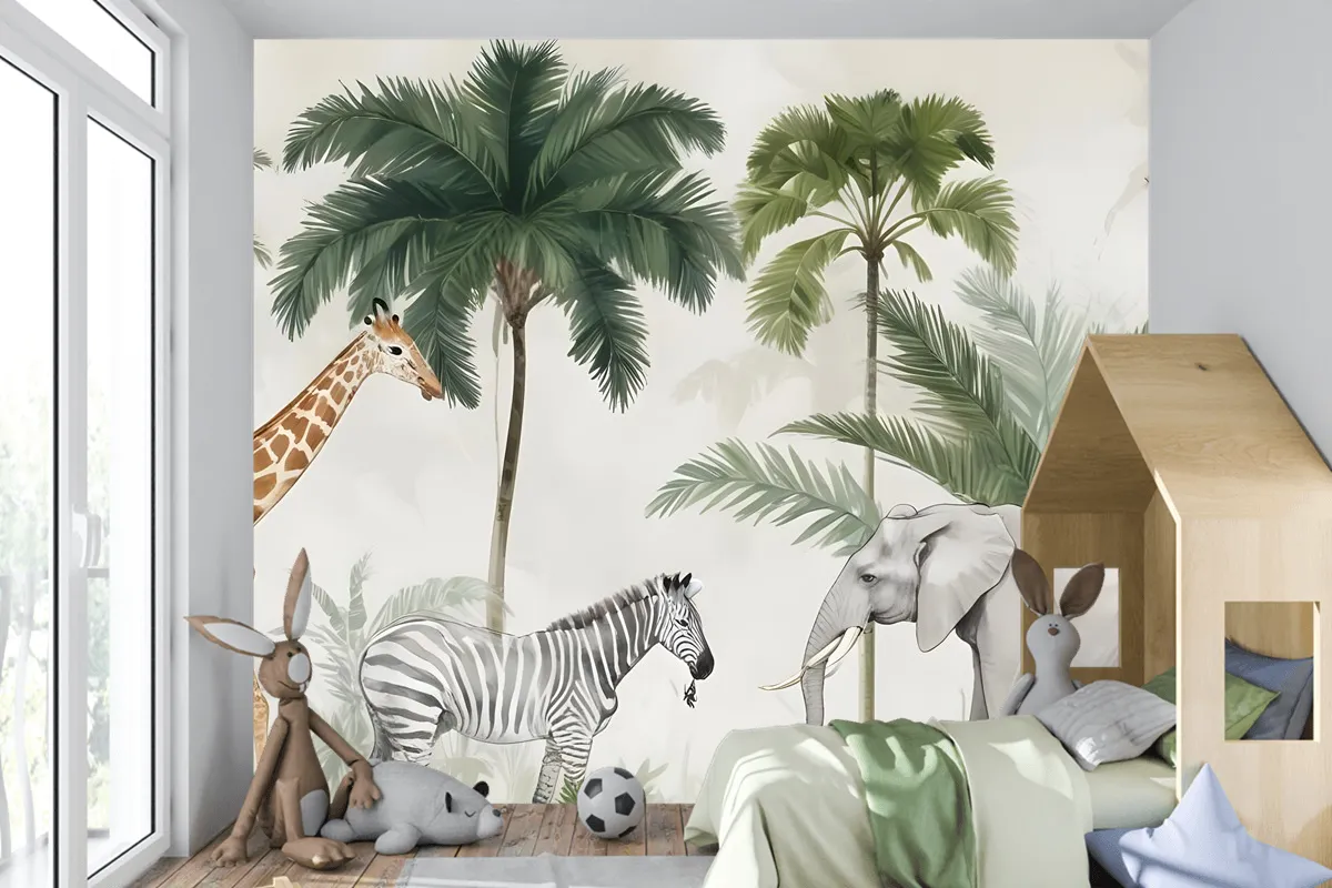 Palmiye Ağaçları Ile Çocuklar Vahşi Tropikal Hayvanlar Çocuk Odası Duvar Kağıdı