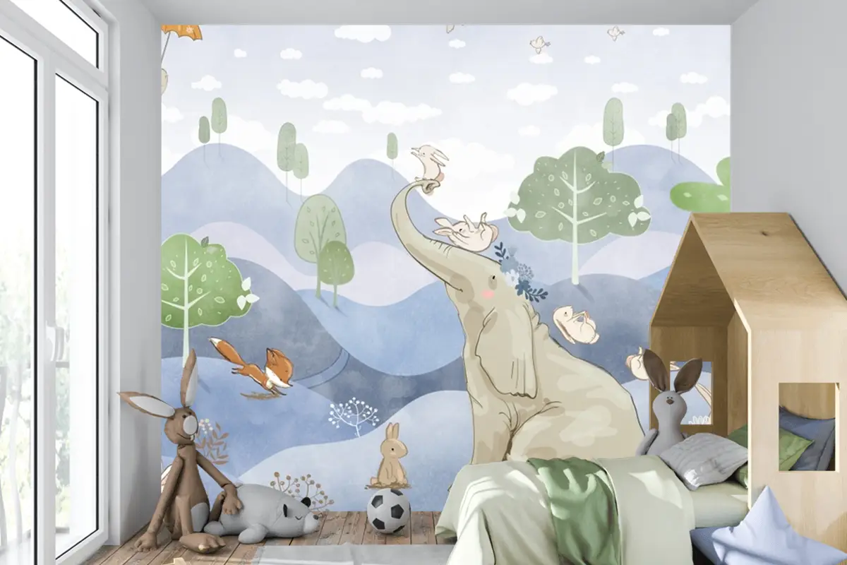 Kış Fil Tavşan Tilki  Sulu Boya Çocuk Odası Duvar Kağıdı