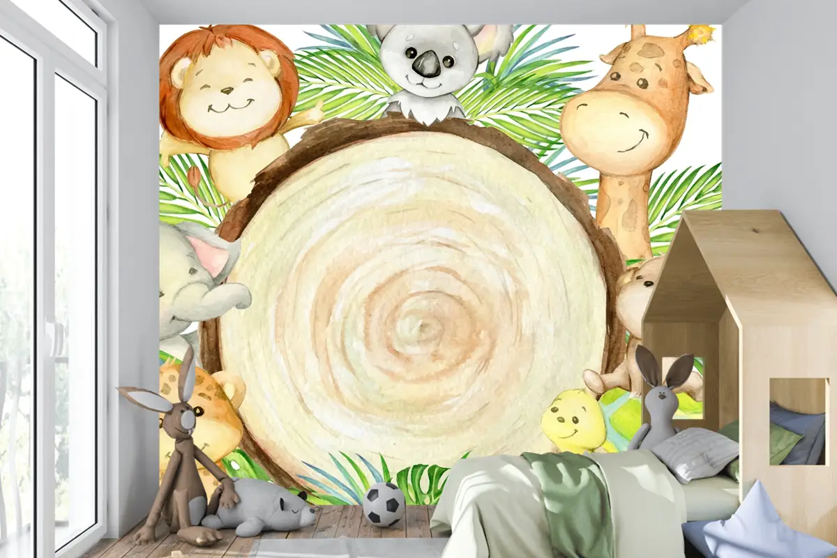 Leopar Maymun Koala Aslan Kaplumbağa Fil Zürafa Yazı Bir Tropikal Hayvanlar Çocuk Odası Duvar Kağıdı