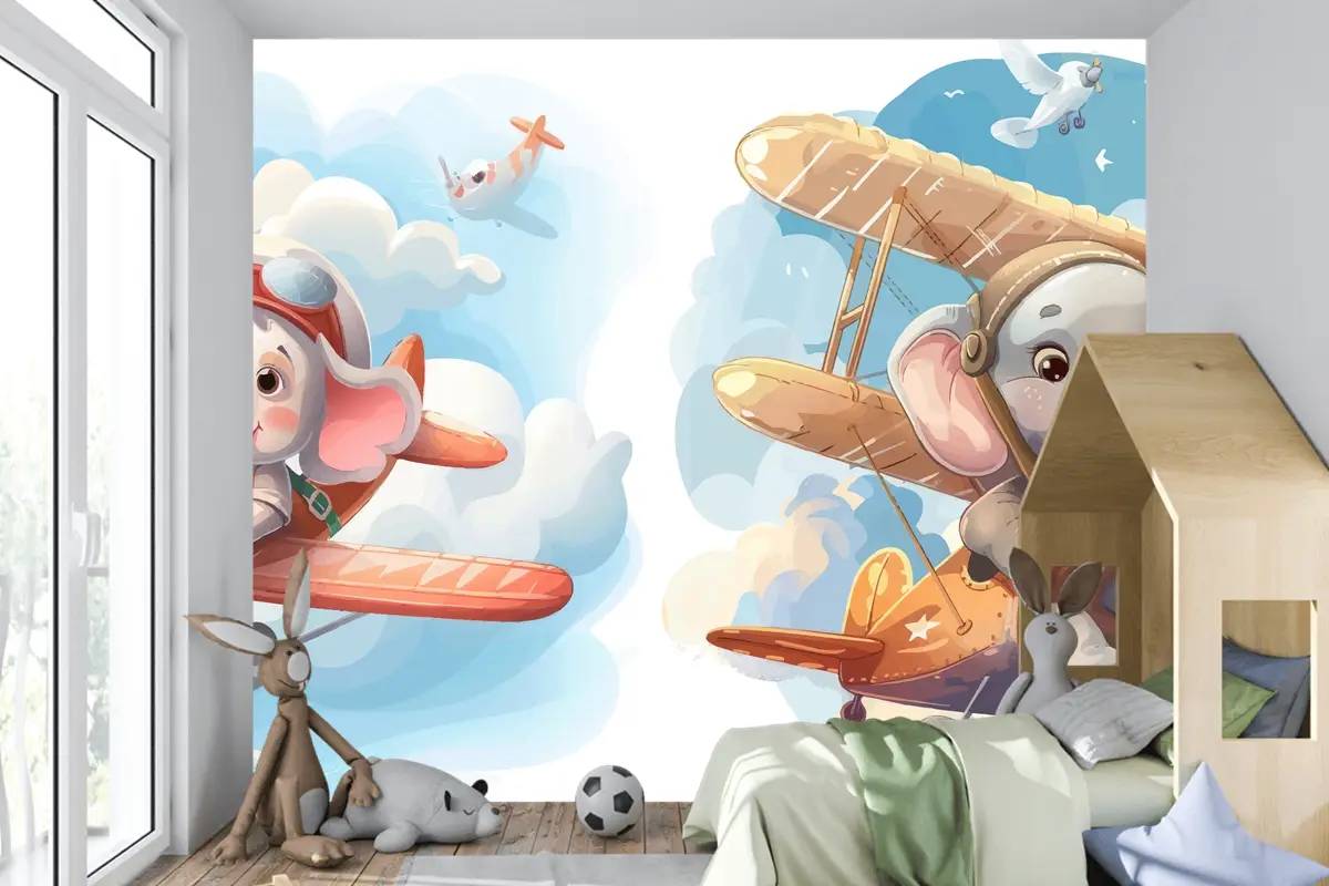 Uçaktaki Küçük Fil Çocuk Odası Duvar Kağıdı 
