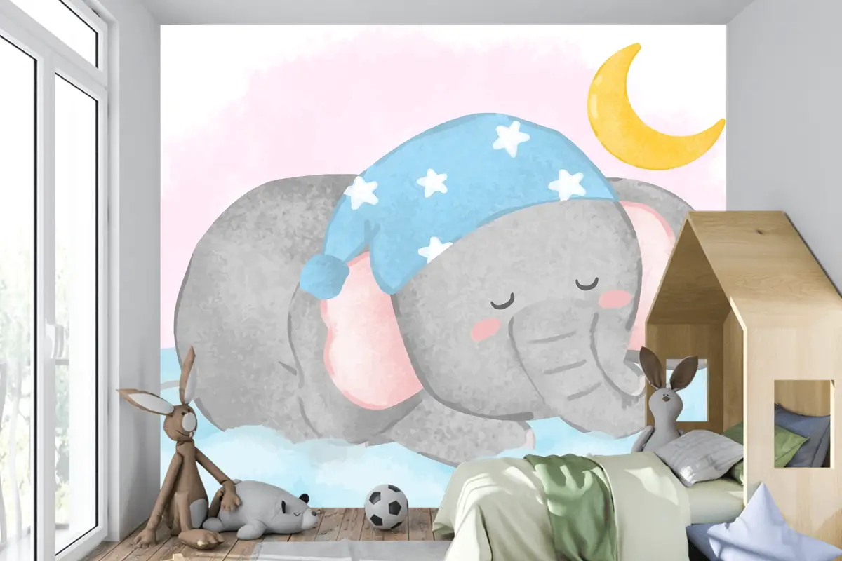 Suluboya Çocuk Odası Duvar Kağıdı Nde Bulutun Üzerinde Uyuyan Güzel Fil