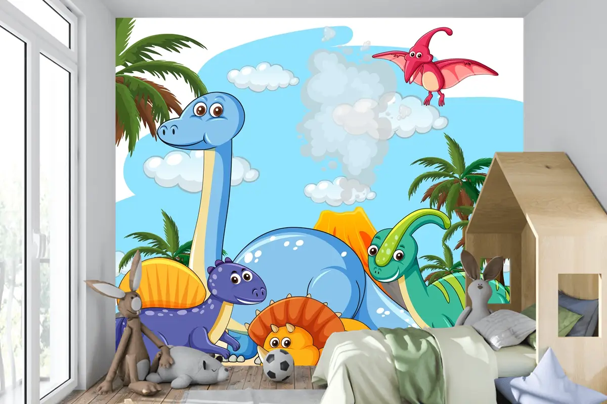 Tarih Öncesi Topraklarda Birçok Sevimli Dinozor Karakteri İzole Çocuk Odası Duvar Kağıdı