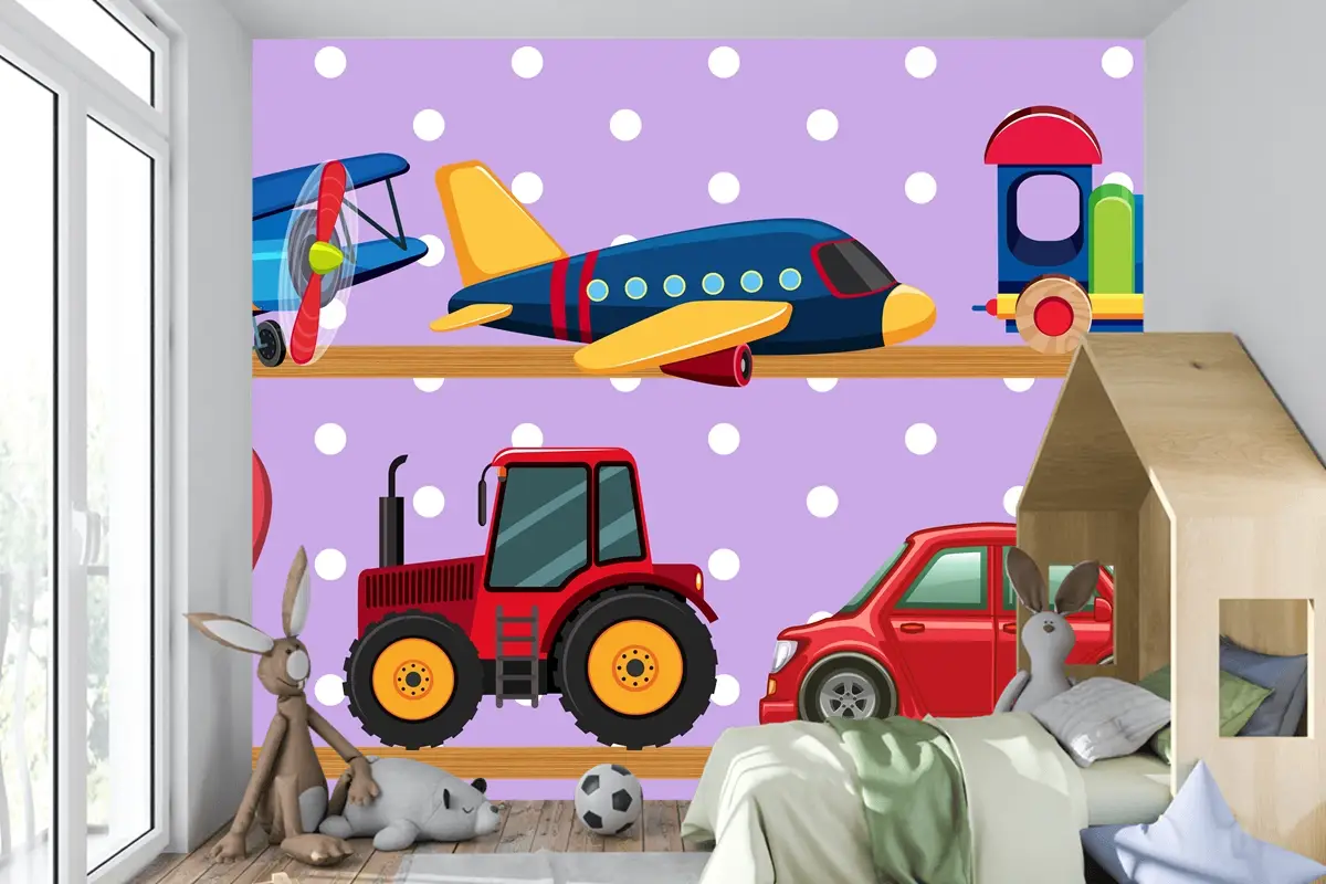 Ahşap Raflarda Birçok Taşıma Oyuncakları Çocuk Odası Duvar Kağıdı