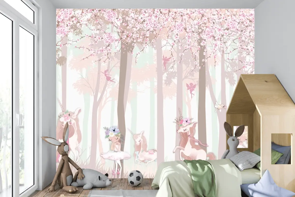 Masal Unicorn Pembe Orman Çocuk Odası Duvar Kağıdı