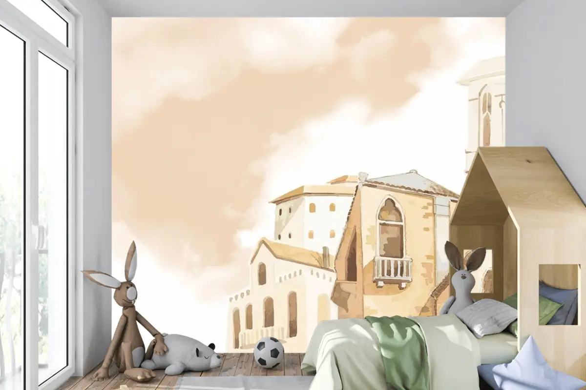 Akdeniz Şehir Binası Dış Su Renk Stili Çocuk Odası Duvar Kağıdı 