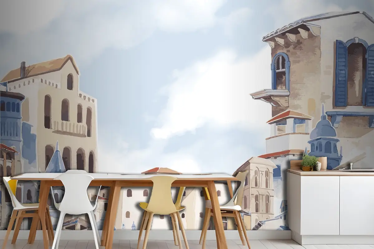 Akdeniz Şehir Binası Dış Su Renk Stili Mutfak Duvar Kağıdı